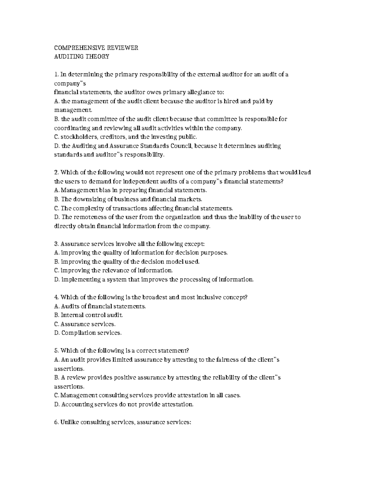 COMPREHENSIVE REVIEWER FOR AUDITING THEORY (AUD 101) - Studocu