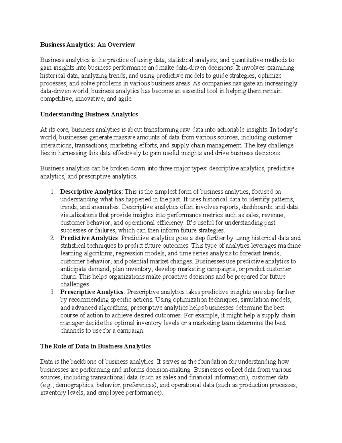Business Analytics Overview: Key Insights and Applications - Studocu