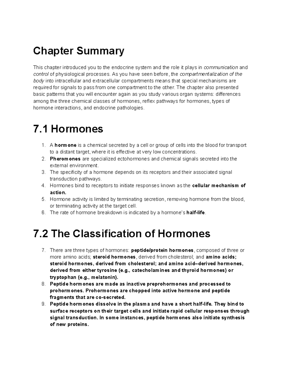 Chapter 7 Summary: Understanding Hormones and Their Functions - Studocu