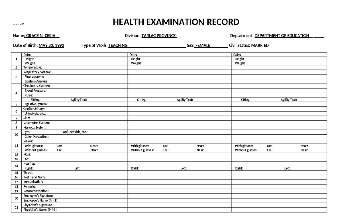 HEALTH EXAMINATION RECORD CS FORM 86 for Grace N. Ceria - Studocu