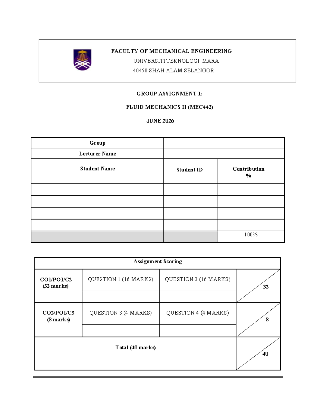MEC442 Fluid Mechanics II Group Assignment 1 - June 2026 - Studocu