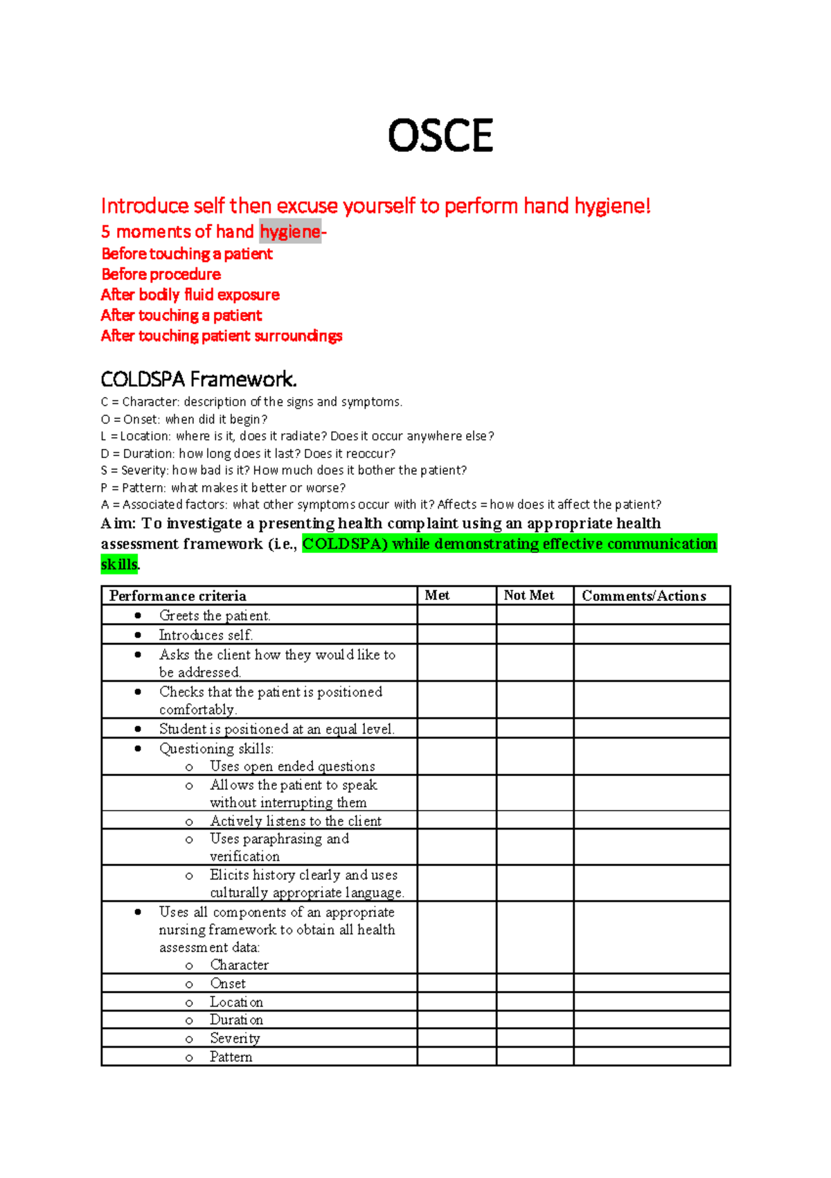 Hand Hygiene and Assessment Framework Using COLDSPA (OSCE) - Studocu