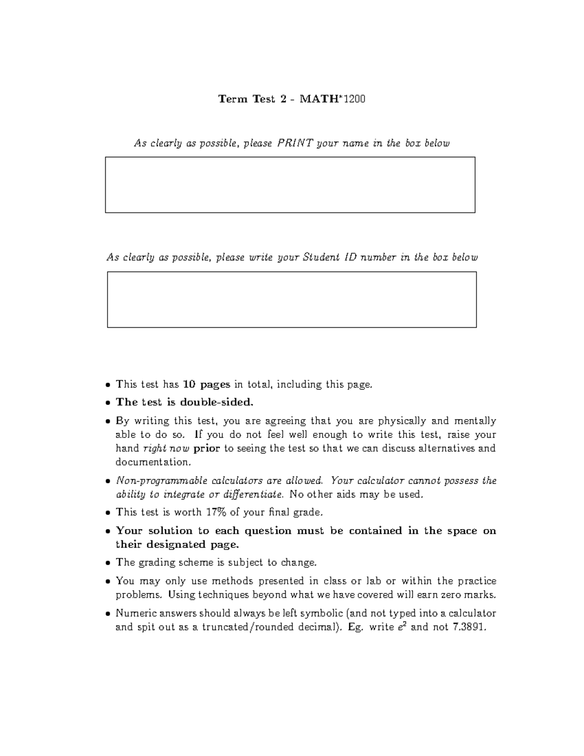 Test 2 - MATH 1200 - Past Term Test Notes - Studocu
