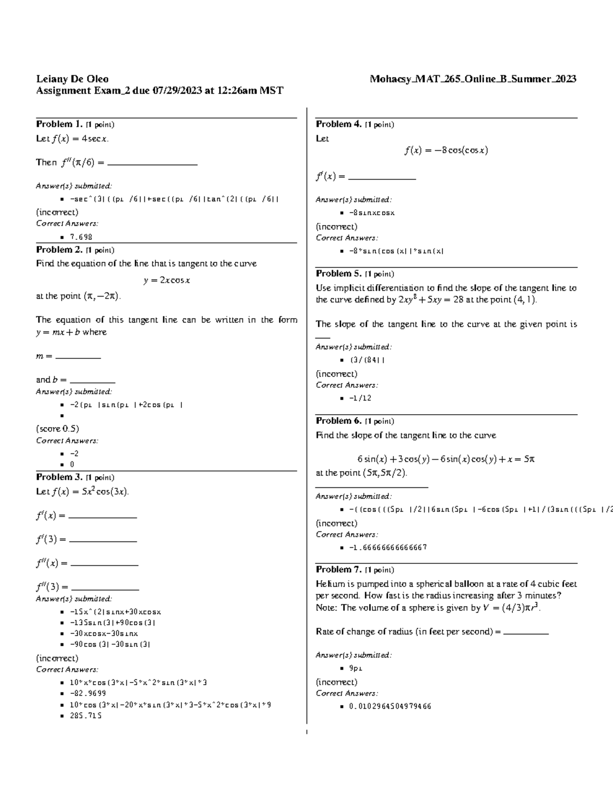 MAT 265 Online B Summer 2023 Exam 2 Review: Previous Test Questions ...