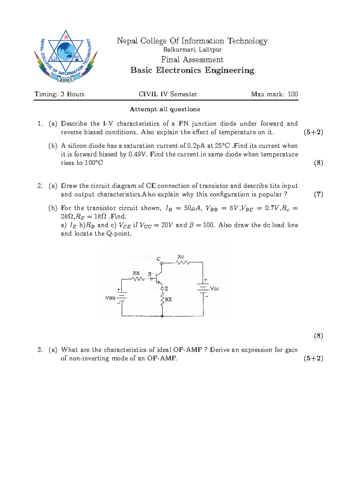 Basic Elx Civil - Pre-board Questions - Nepal College Of Information ...