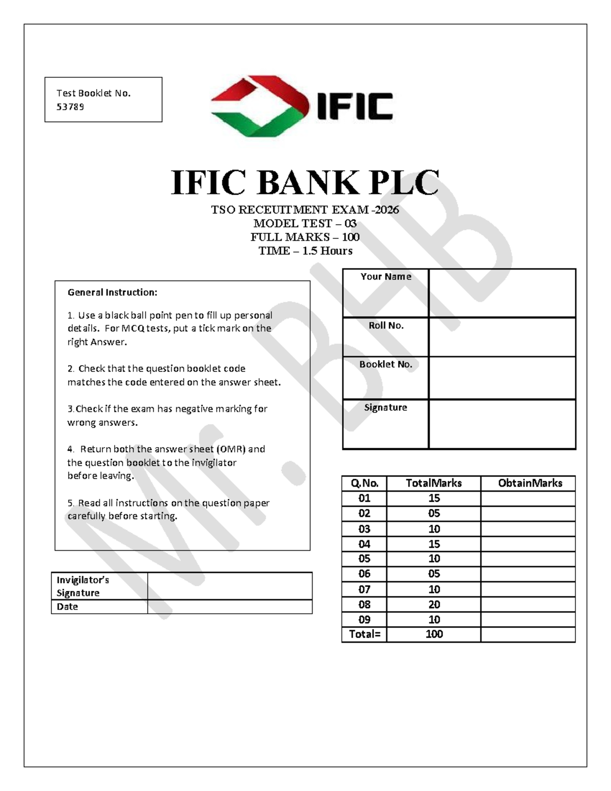 IFIC BANK PLC TSO Recruitment Exam Model Test 03 - Full Marks 100 - Studocu