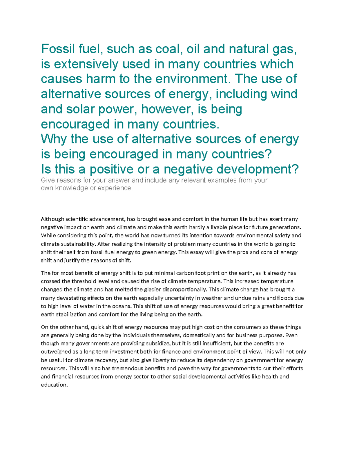 Essay - The Shift from Fossil Fuels to Green Energy Solutions - Studocu