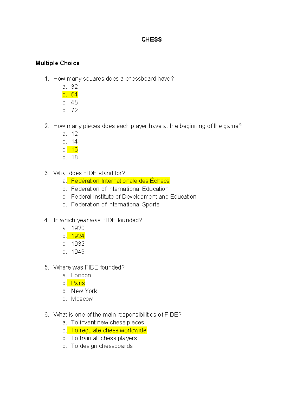 CHESS Quiz: Multiple Choice & Identification Questions - Studocu
