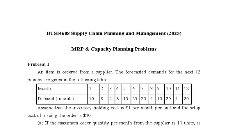 BUSI4608 MRP Capacity Planning Problems - Seminar 4 (2025) - Studocu