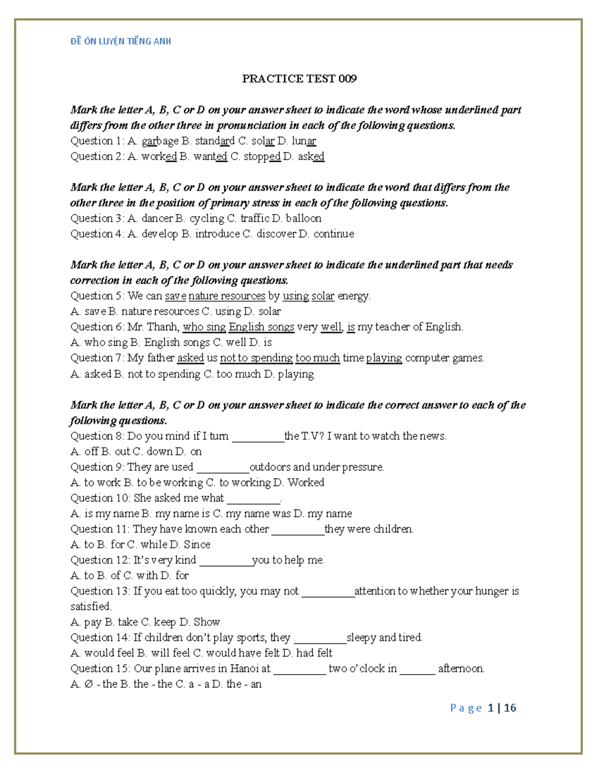Practice TEST 9 - PRACTICE TEST 009 Mark the letter A, B, C or D on ...