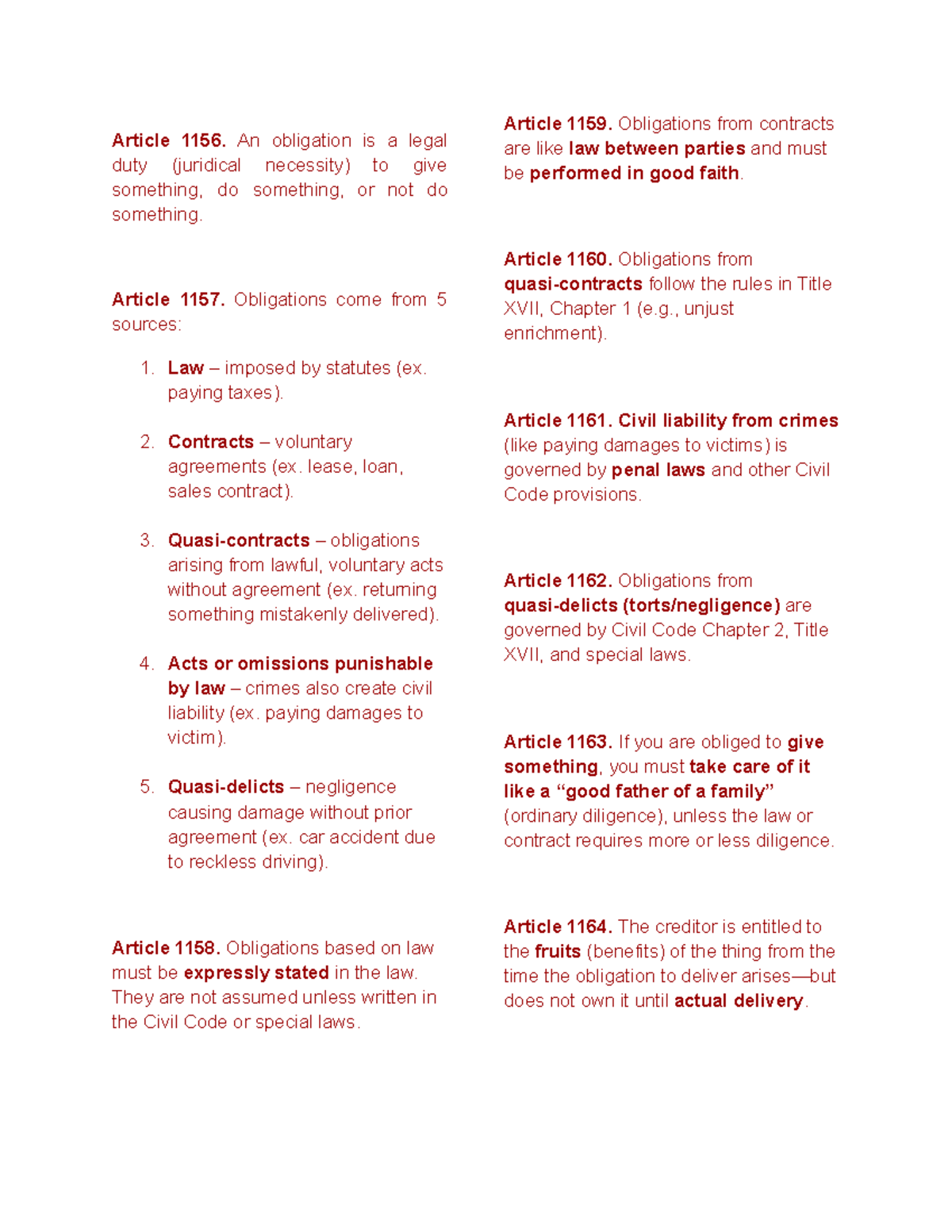 Civil Code Obligations: Articles 1156-1172 Explained - Studocu