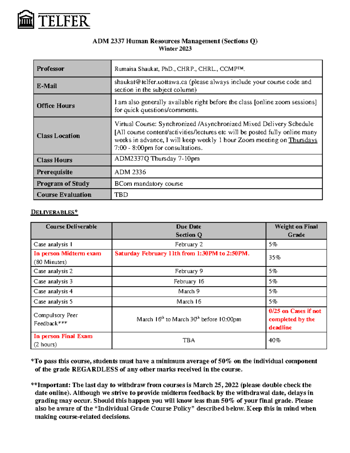 ADM 2337Q Human Resources Management Course Outline - Winter 2023 - Studocu