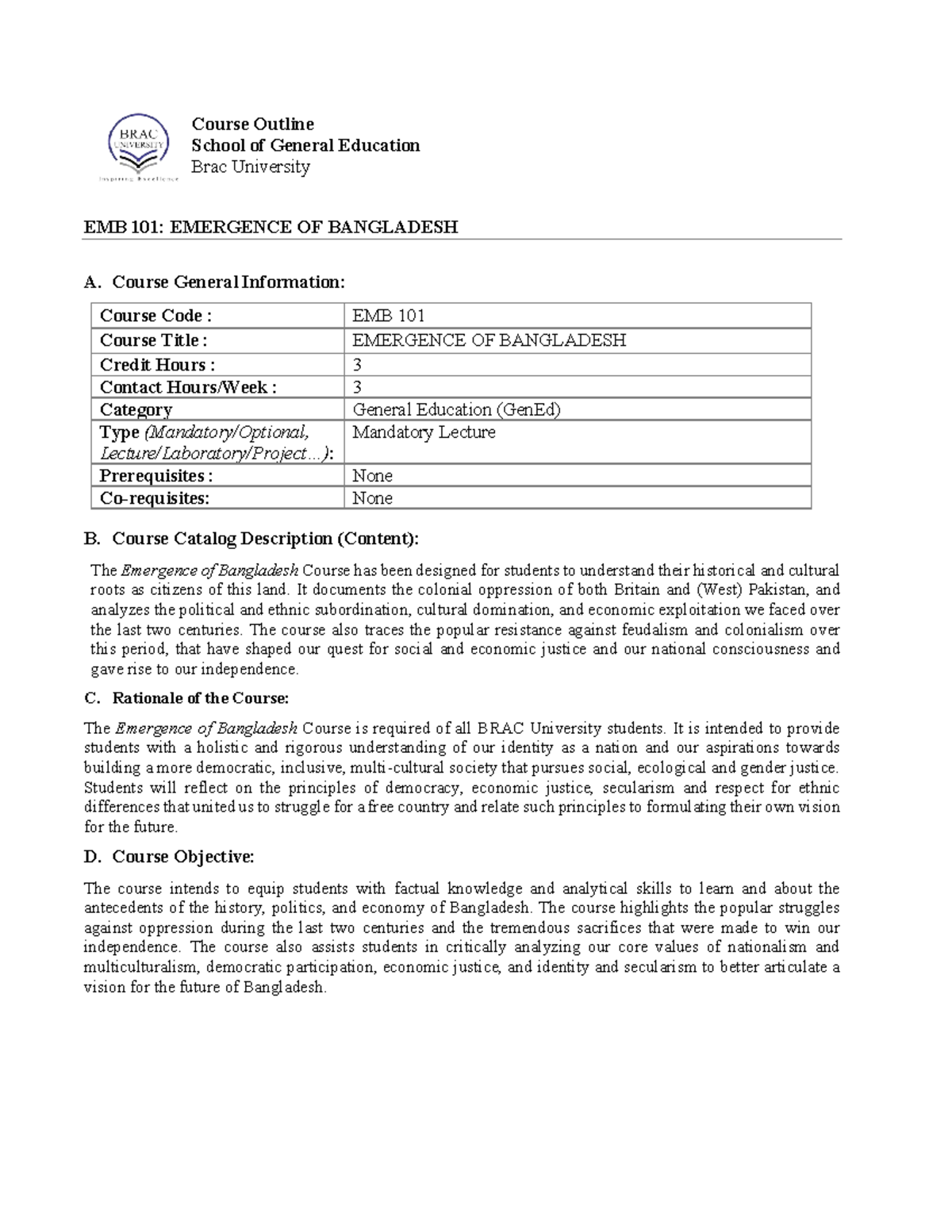 EMB 101: Course Outline for Emergence of Bangladesh - Fall 2025 - Studocu