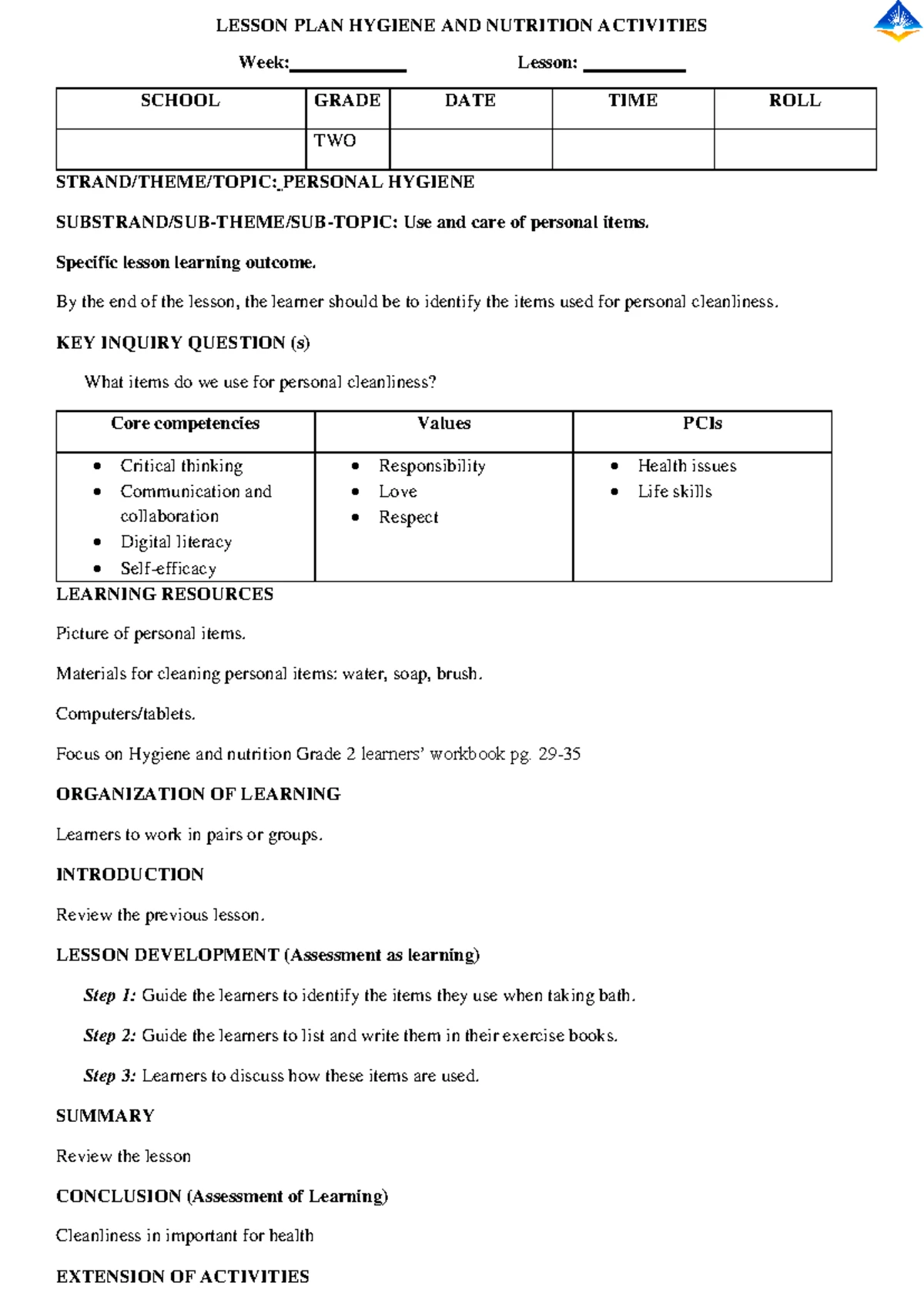 Grade 2 Health Practices: Lesson Plans on Hygiene & Nutrition - Studocu