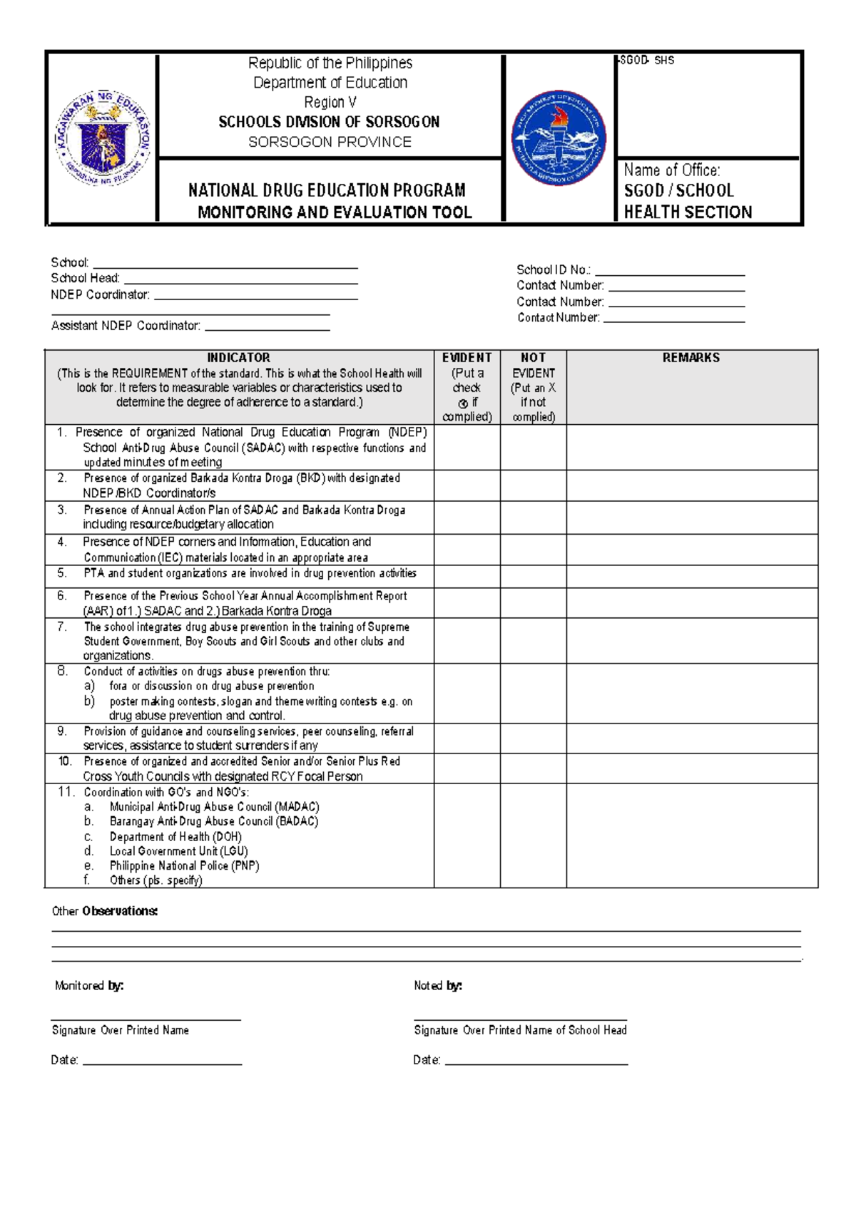 NDEP-School Monitoring Tool for Drug Education Program Evaluation - Studocu