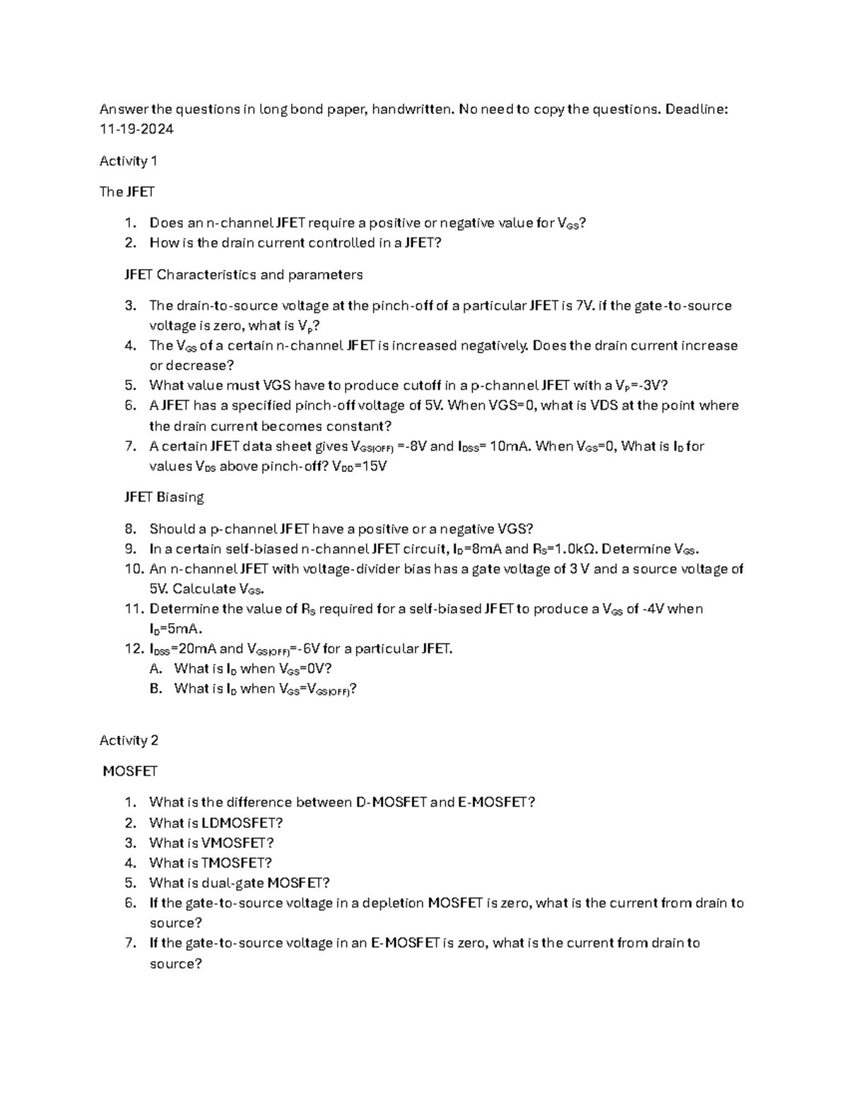 JFET & MOSFET Activity 1 Questions and Answers - Studocu