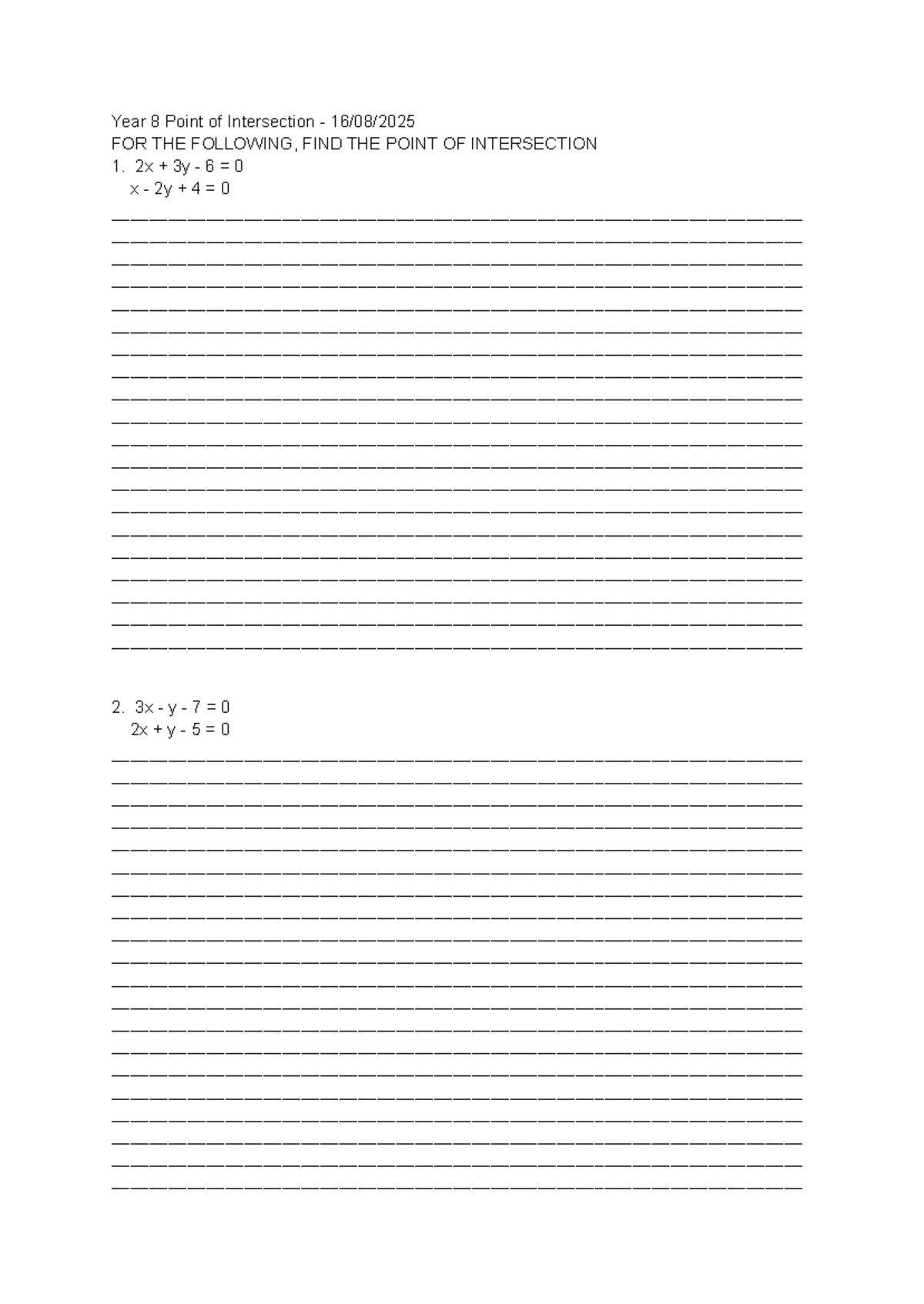 Year 8 Point of Intersection Homework - 16/08/2025 - Studocu