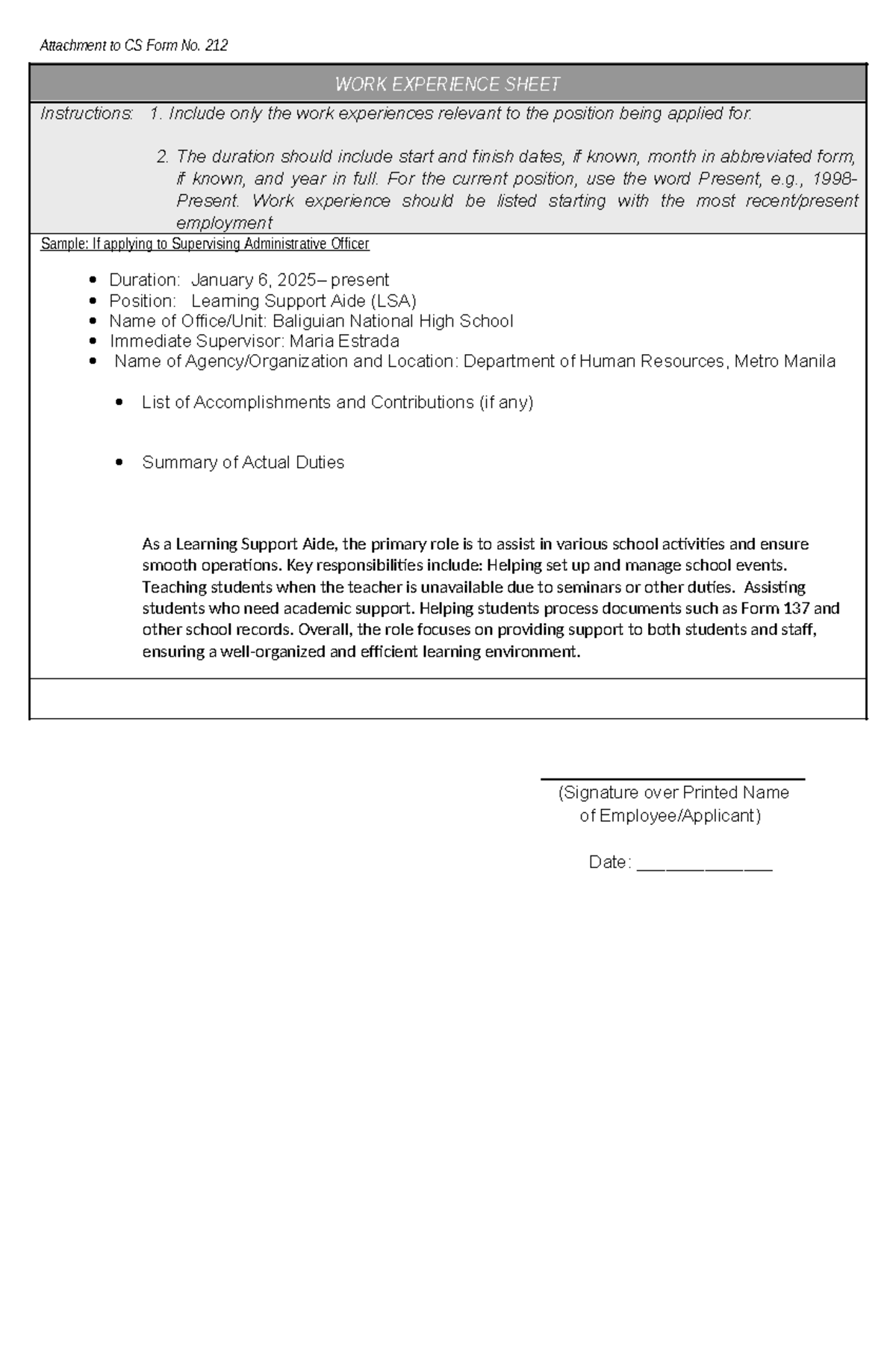 WORK Experience Sheet - (Signature over Printed Name of Employee ...