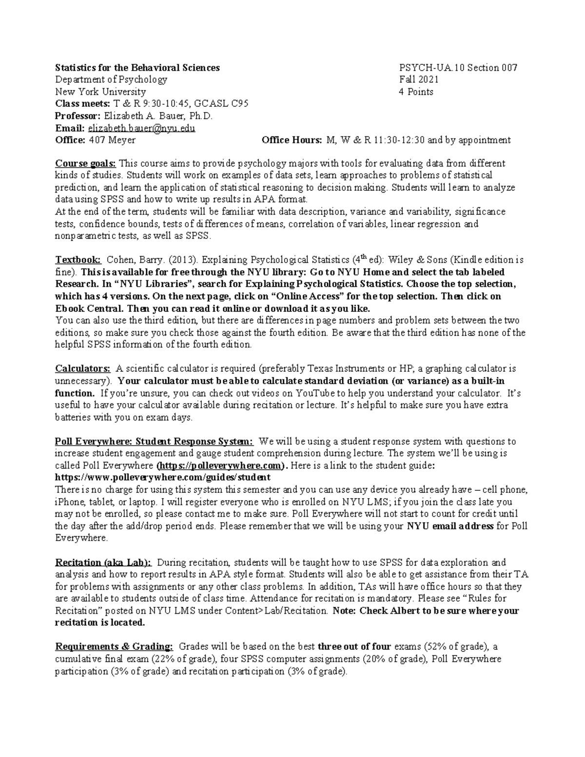 PSYCH-UA 007: Statistics for Behavioral Sciences Fall 2021 Syllabus ...
