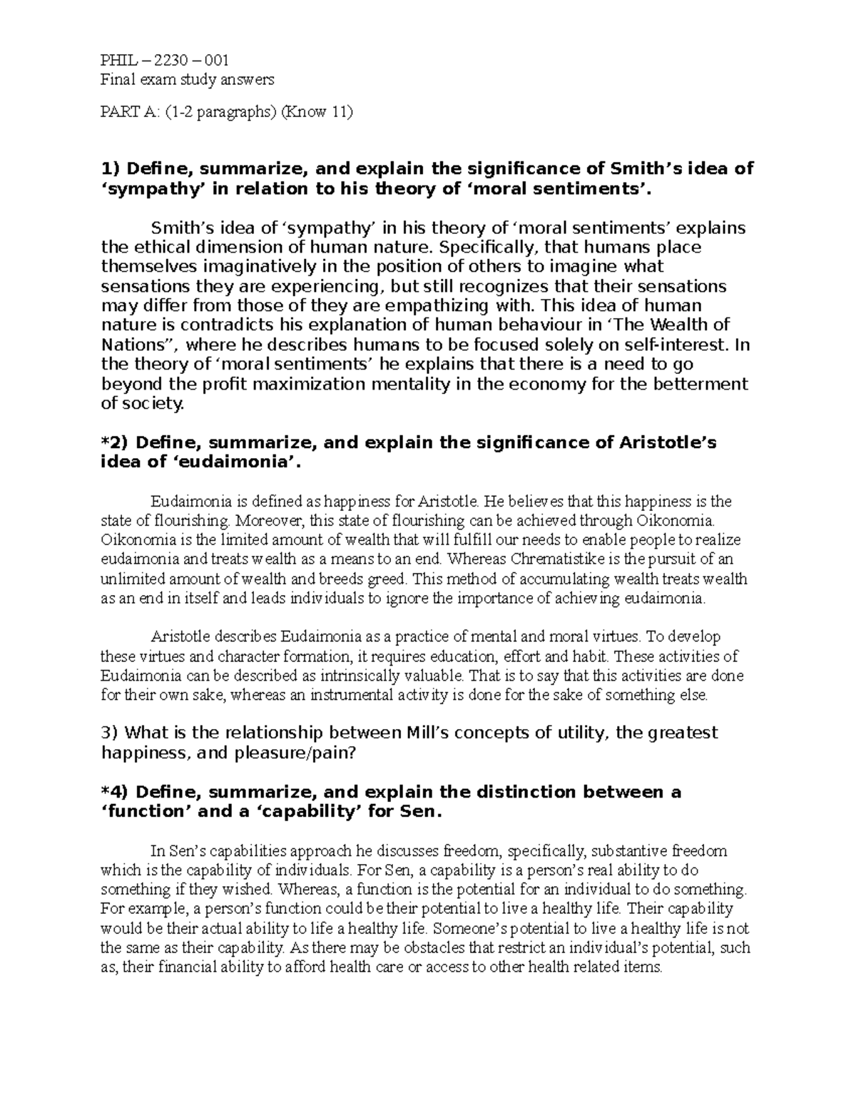 Final Exam Study - Philosophy - Written Questions And Answers - PHIL ...