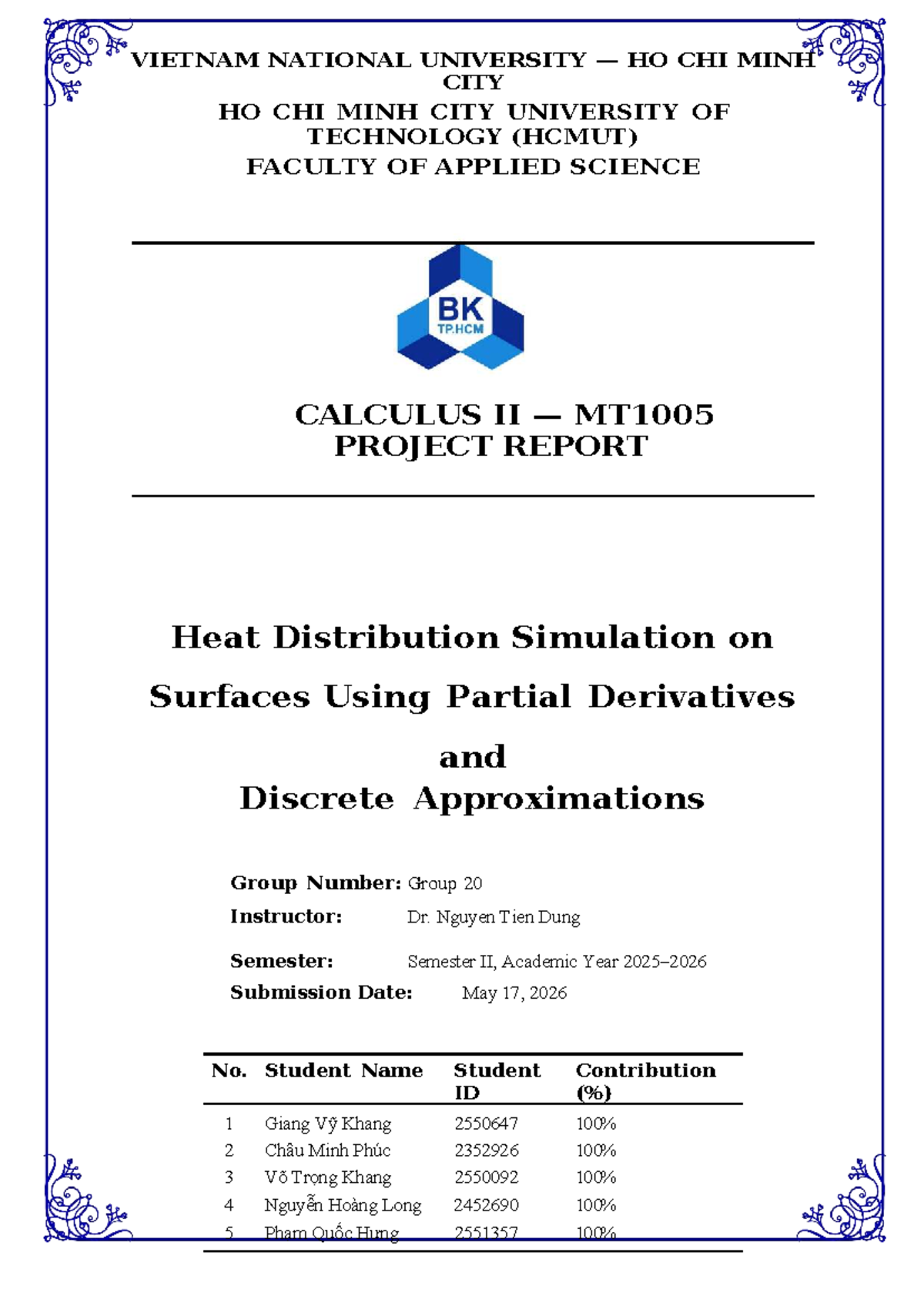 Heat Distribution Simulation Report - HCMUT Calculus II (MT1005) - Studocu