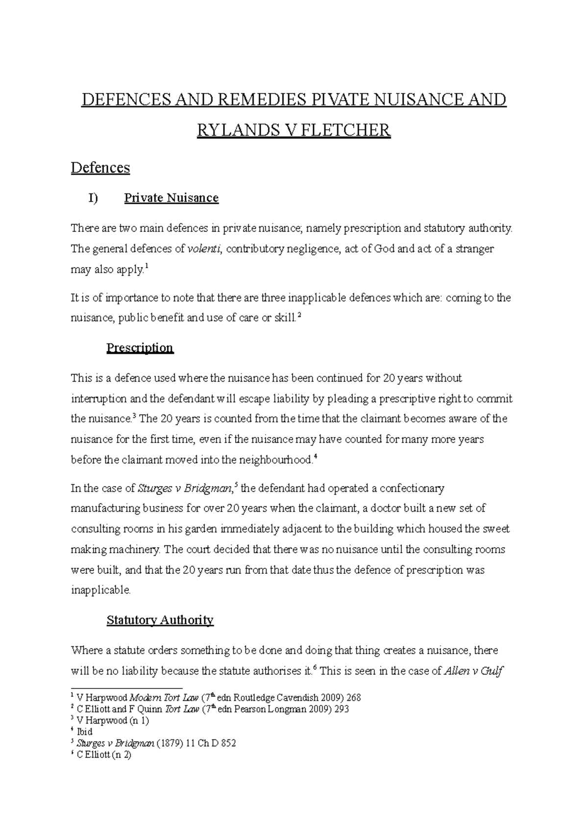 Defences and Remedies in Private Nuisance & Rylands v Fletcher - Studocu