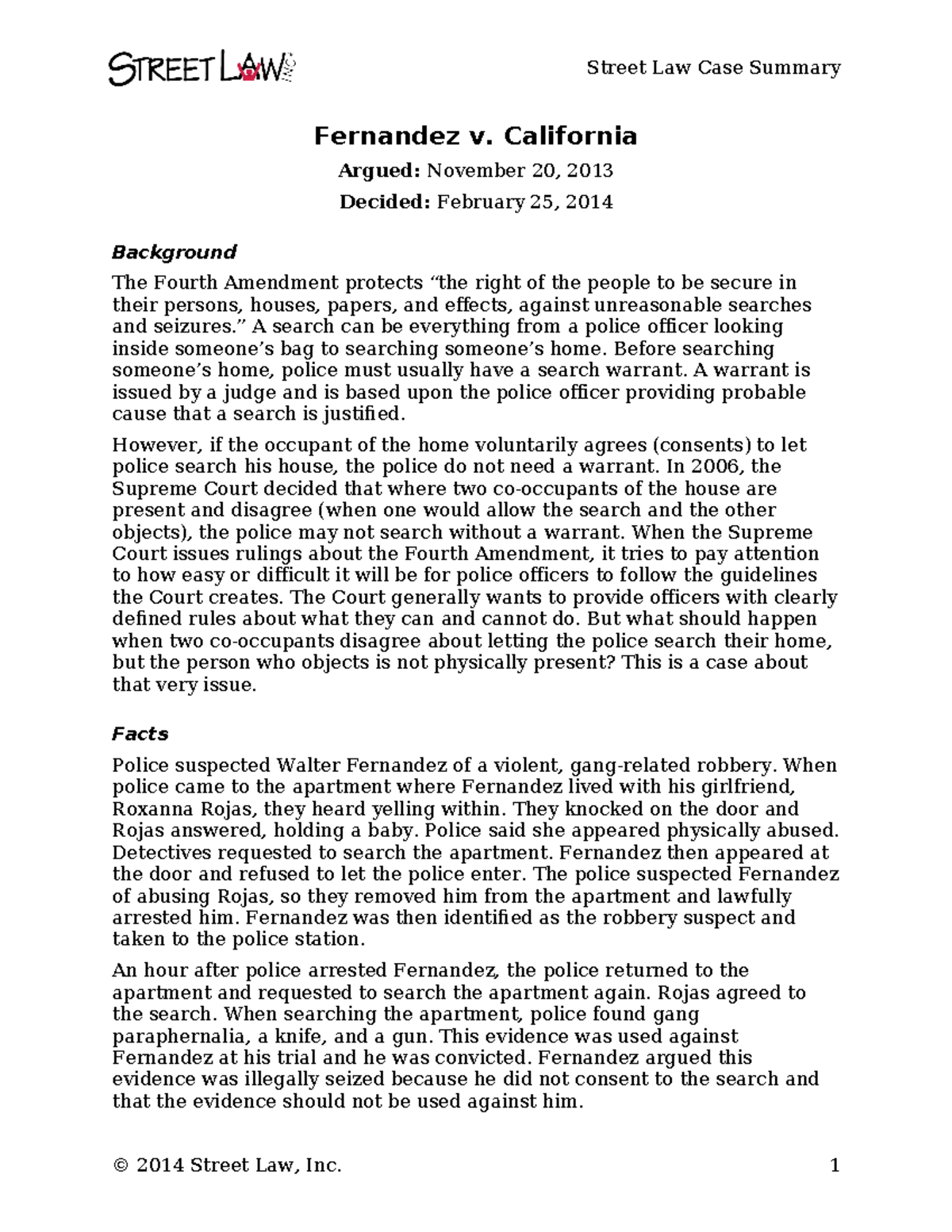 Fernandez v California - Street Law Case Summary Fernandez v ...