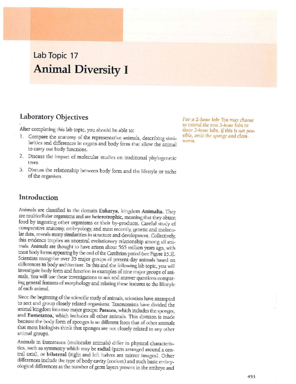 Lab Topic 17: Animal Diversity I - Comparative Anatomy and ...