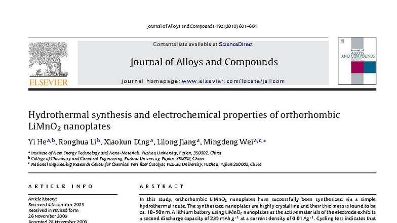 Hydrothermal Synthesis & Electrochemical Properties of LiMnO2 ...