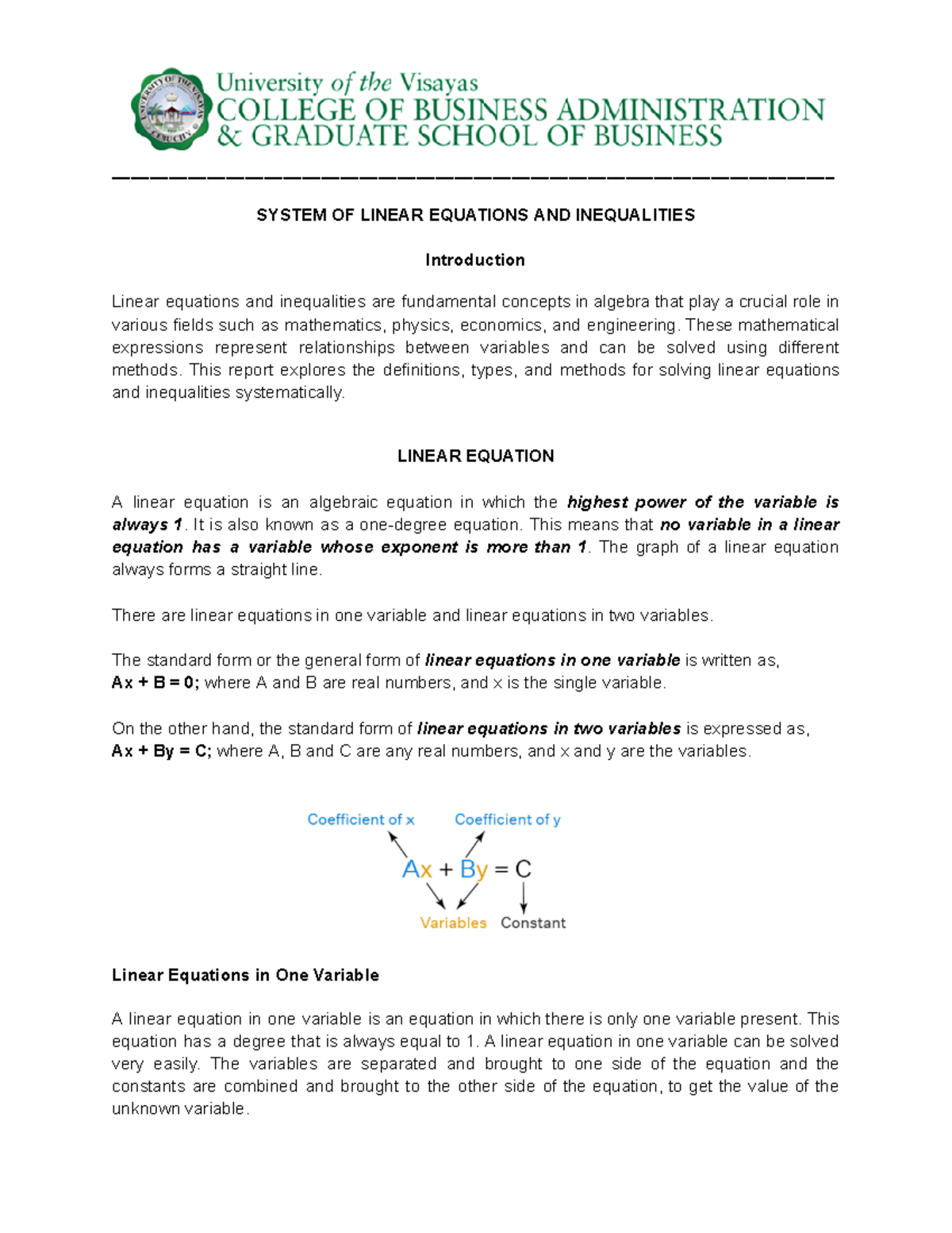 Linear Equation and Inequalities - - Studocu