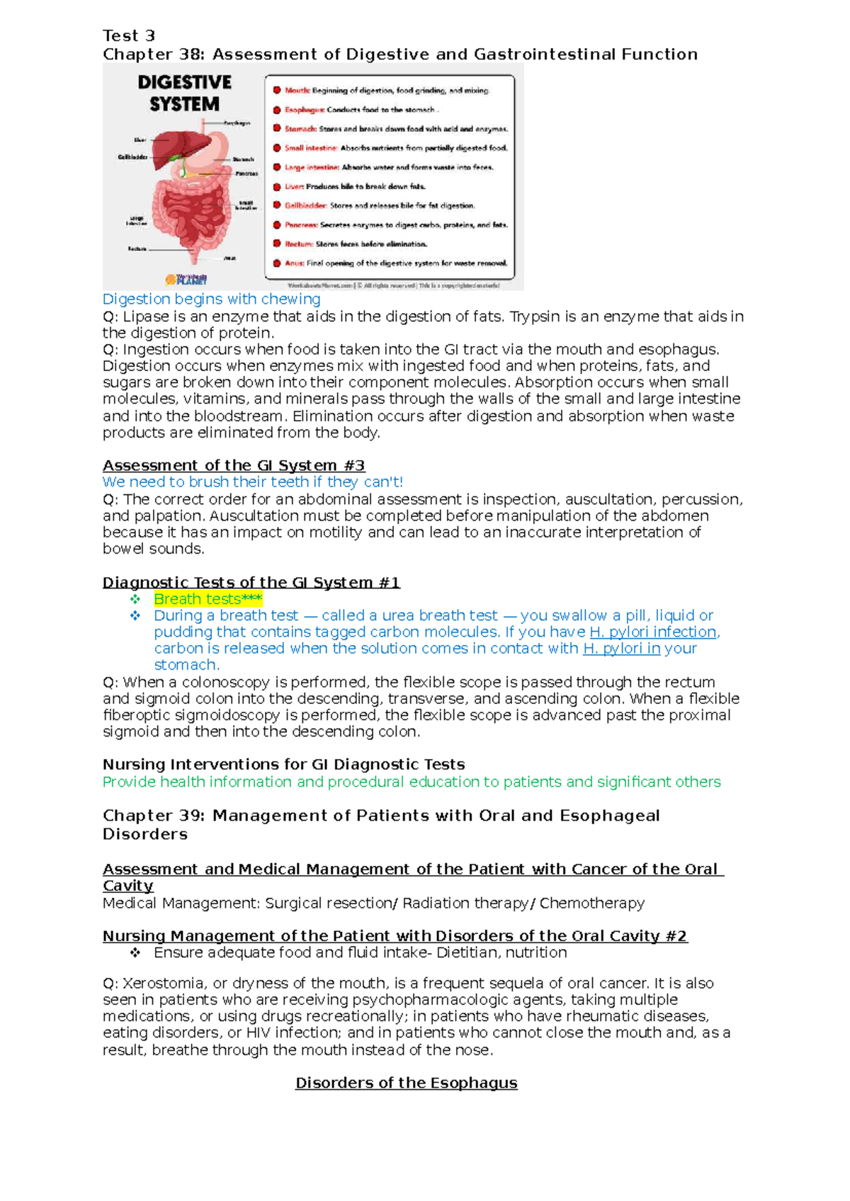 Med Surg 2 Test 3: Digestive & Gastrointestinal Function Notes - Studocu