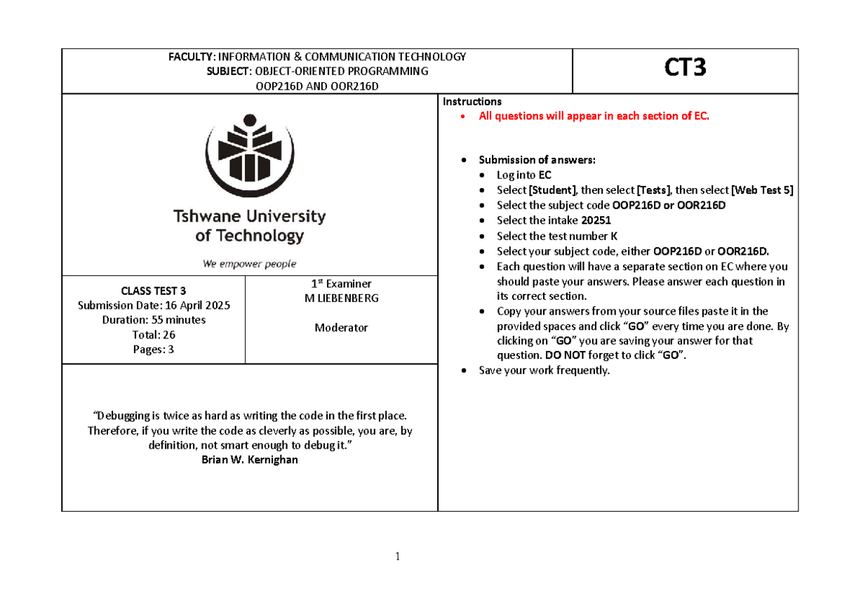 OOP216D OOR216D CT3 Class Test 2025: Programming & Inheritance - Studocu