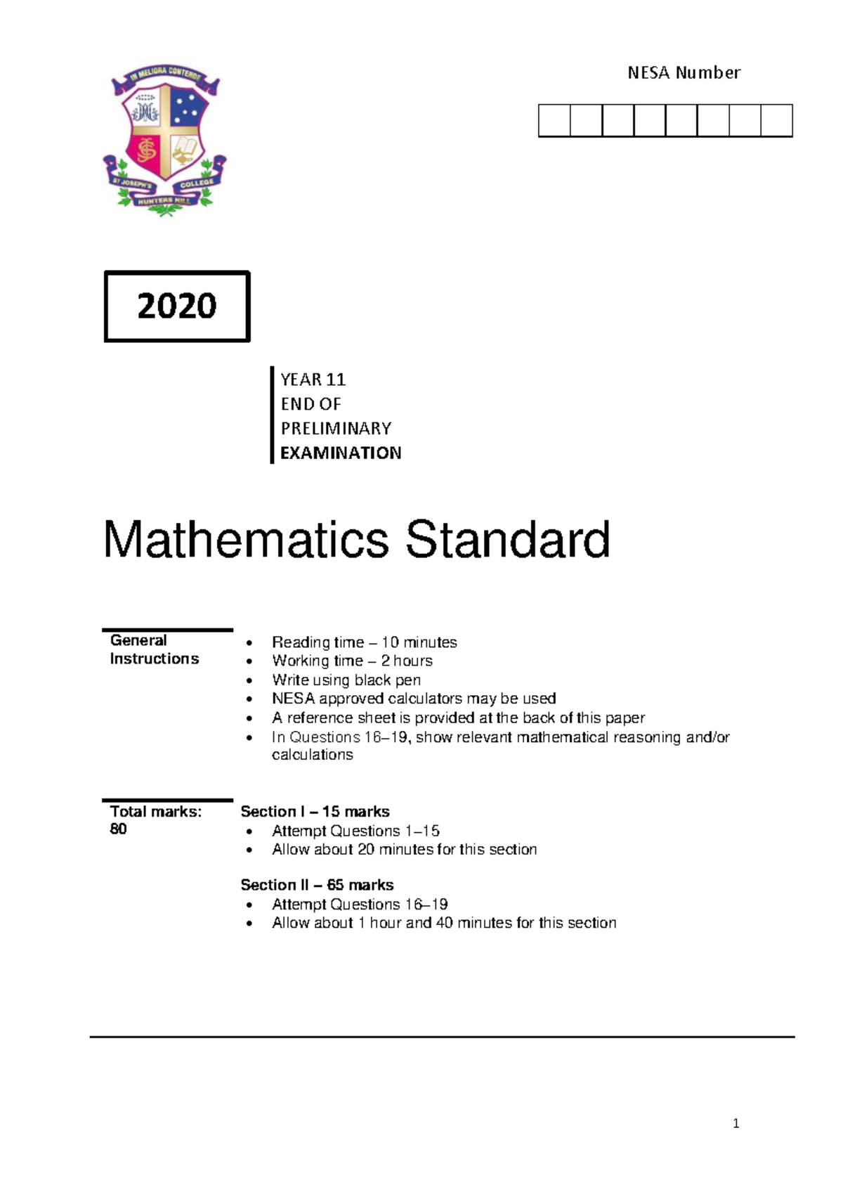 2020 YEAR 11 MATHEMATICS STANDARD PRELIMINARY EXAMINATION - Studocu