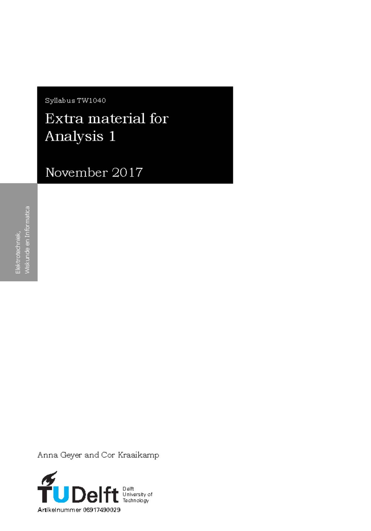 TW1040 Extra Material for Analysis 1 - Syllabus and Exercises - Studeersnel