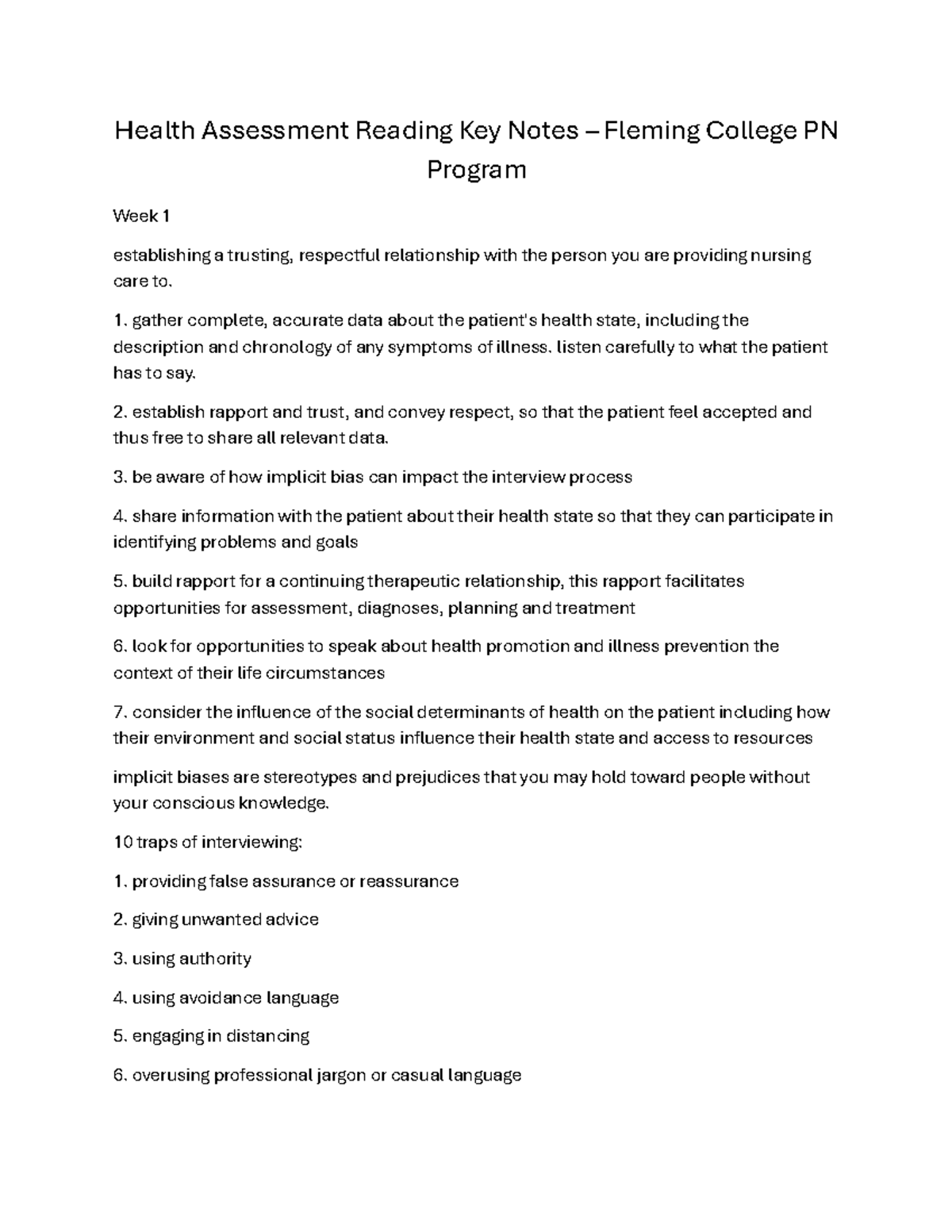 Health Assessment Key Notes for PN Program - Week 1 to Week 13 - Studocu