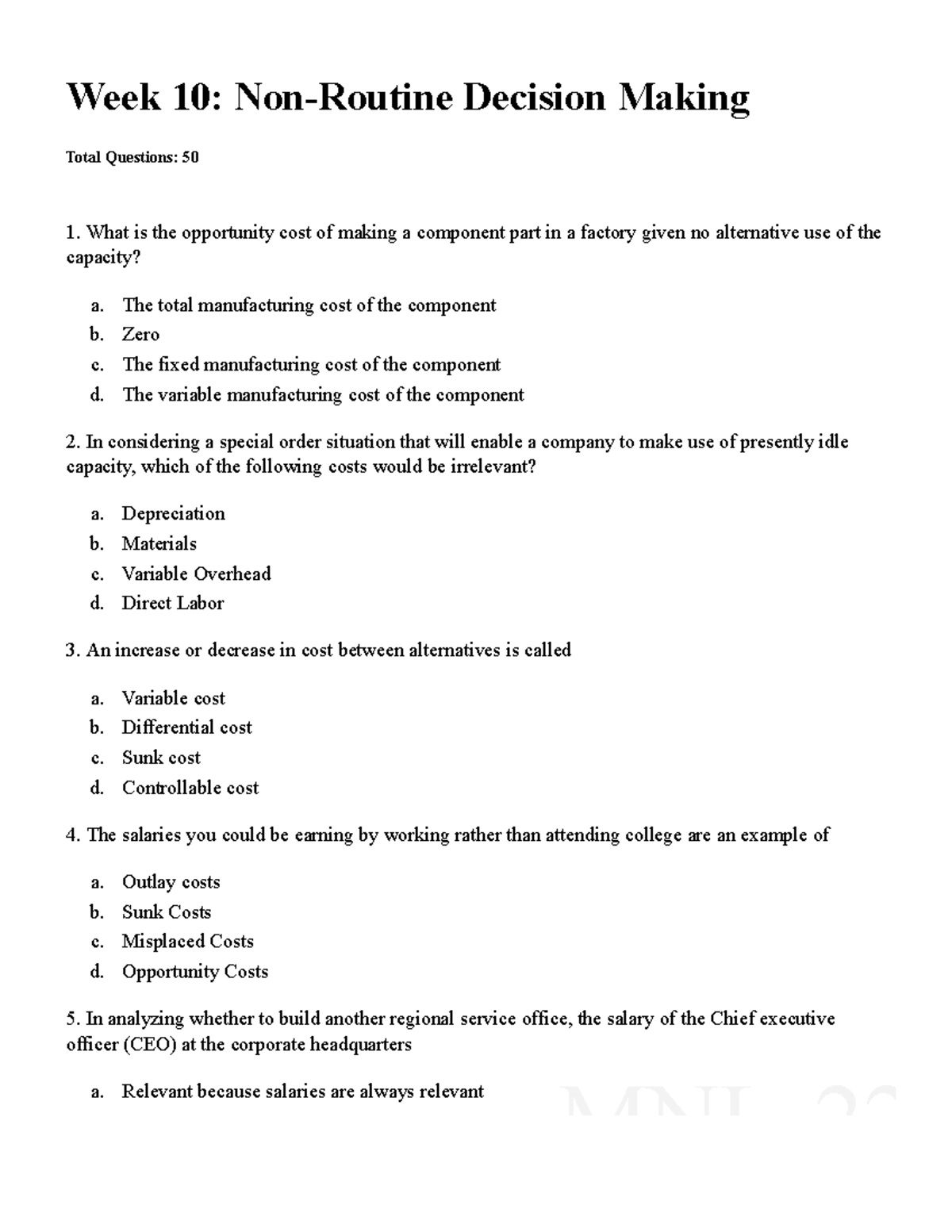 A - Quizzers - Week 10: Non-Routine Decision Making Total Questions: 50 ...