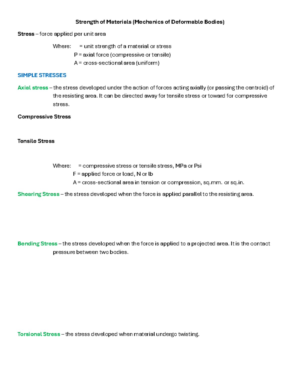 Strength of Materials (MECH 101) - Simple Stresses and Deformation ...