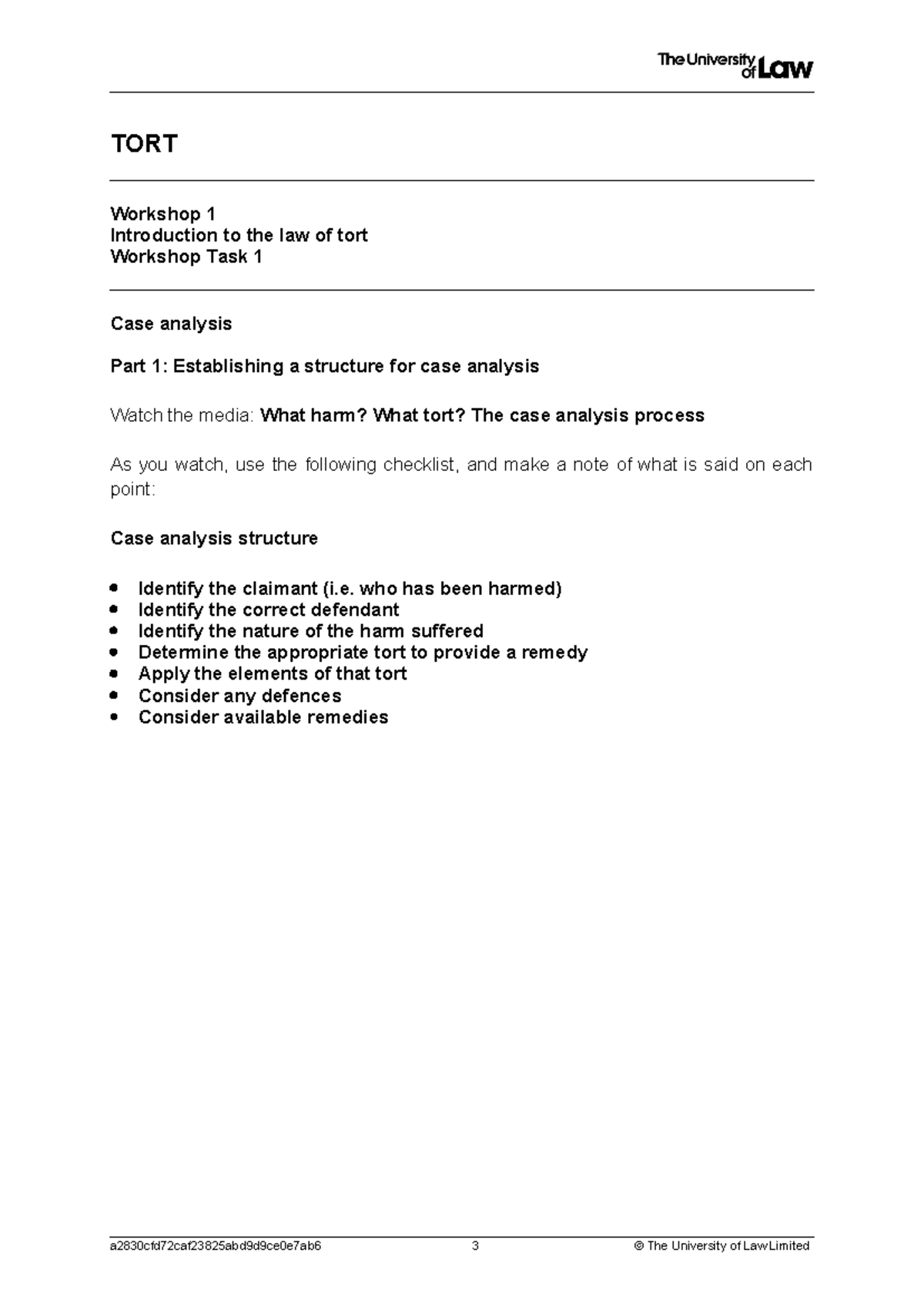 2324 TORT WS01 CE01 Workshop Task 1: Case Analysis Framework - Studocu