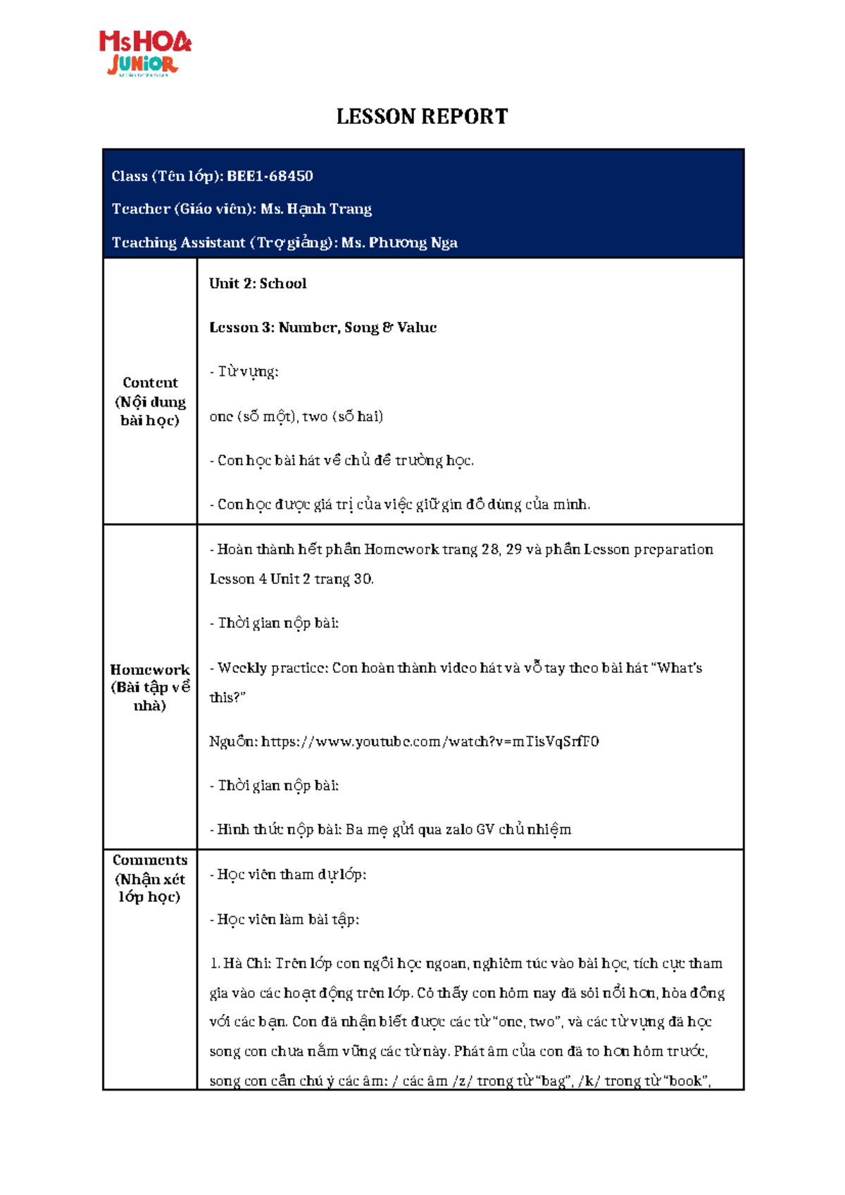 Lesson Report - U2 - L3 - Kiddie - LESSON REPORT Class (Tên l ớp): BEE1 ...