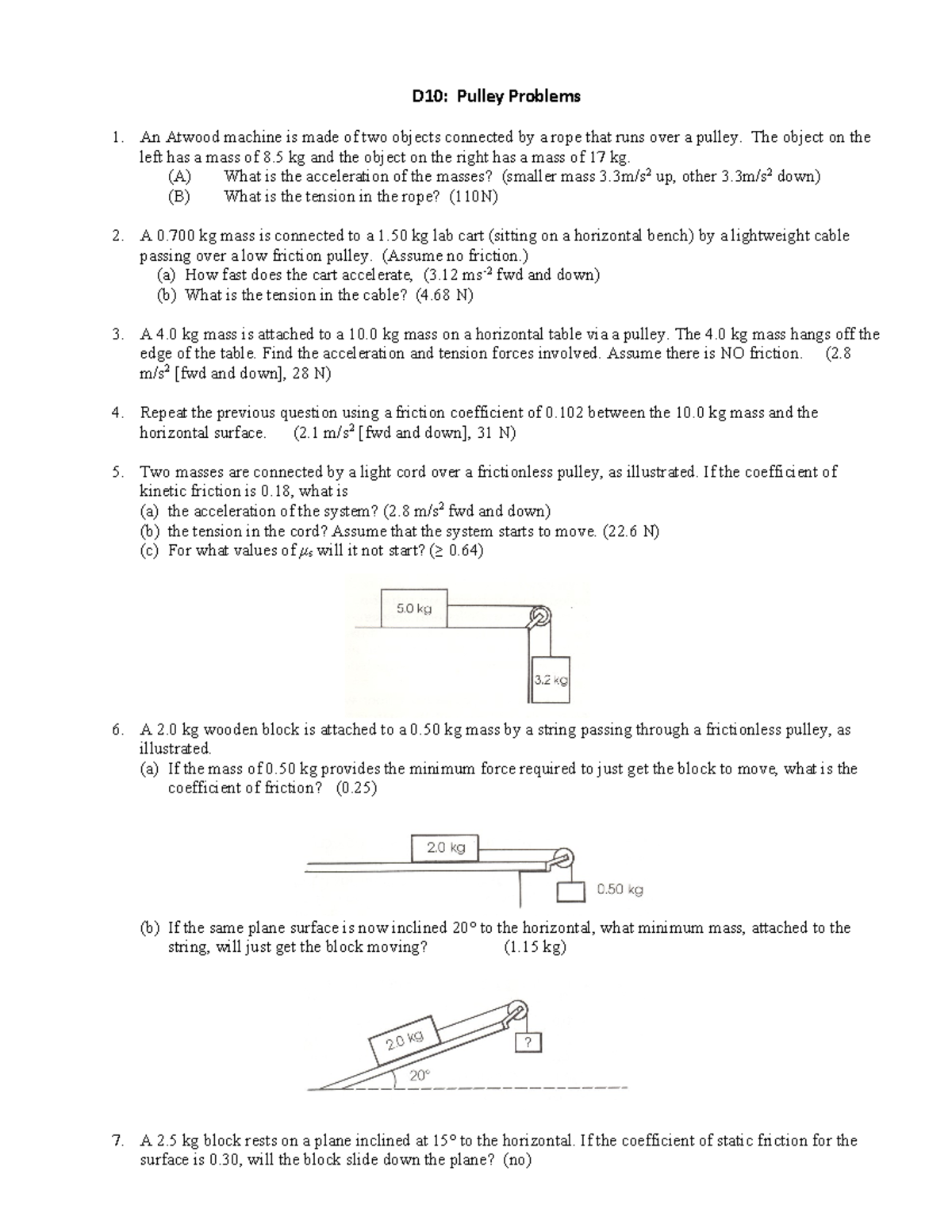 D10 - Pulley Problems Worksheet: Mechanics & Acceleration Analysis ...