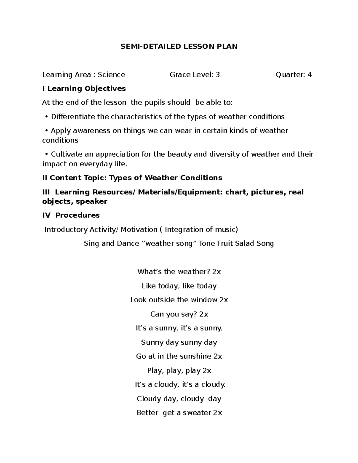 LP - Lesson Plan: Types of Weather Conditions for Grade 3 - Studocu
