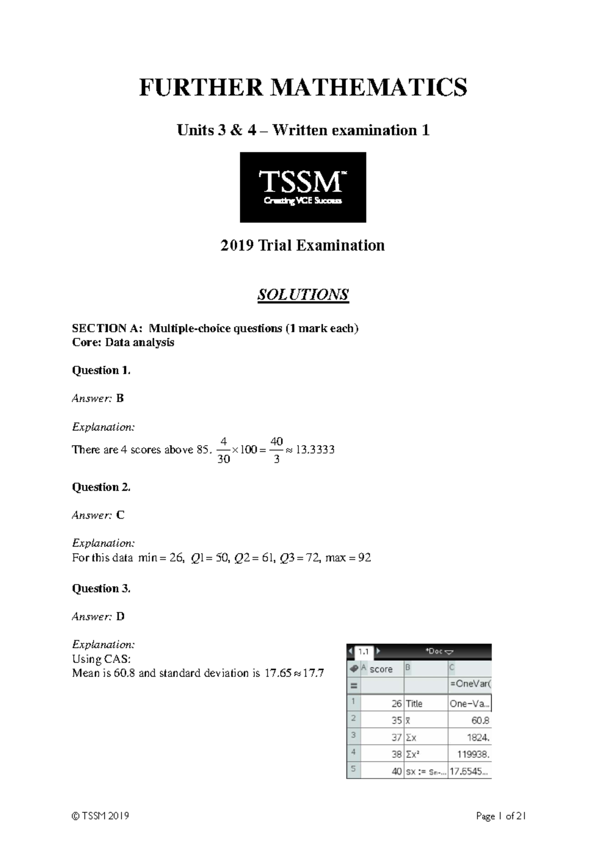 2019 TSSM Further Mathematics Exam 1 Solutions - Studocu