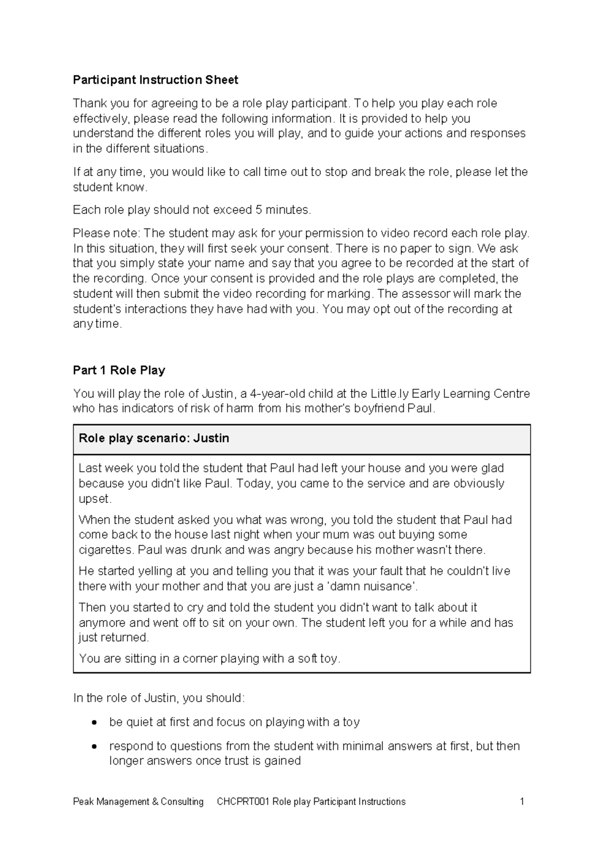 CHCPRT001 Role Play Participant Instructions: Child Safety Scenario ...