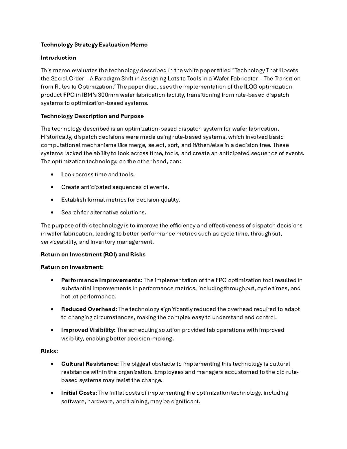 Technology Strategy Evaluation Memo: FPO Optimization in Wafer Fab ...