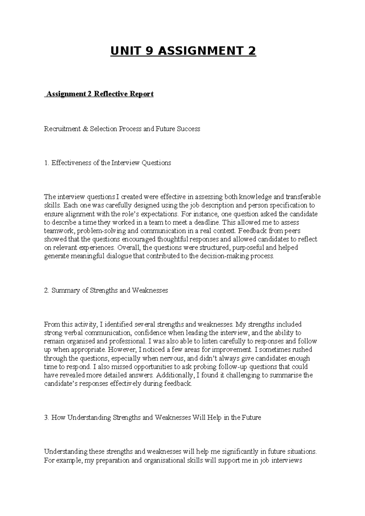 Unit 9 Assignment 2: Reflective Report on Recruitment & Selection ...