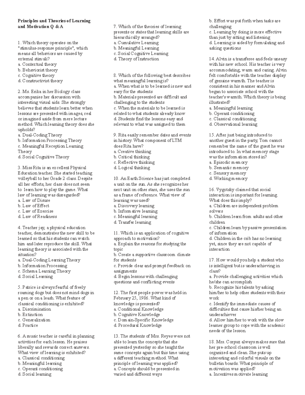 Principles & Theories of Learning & Motivation Q&A for Educators - Studocu