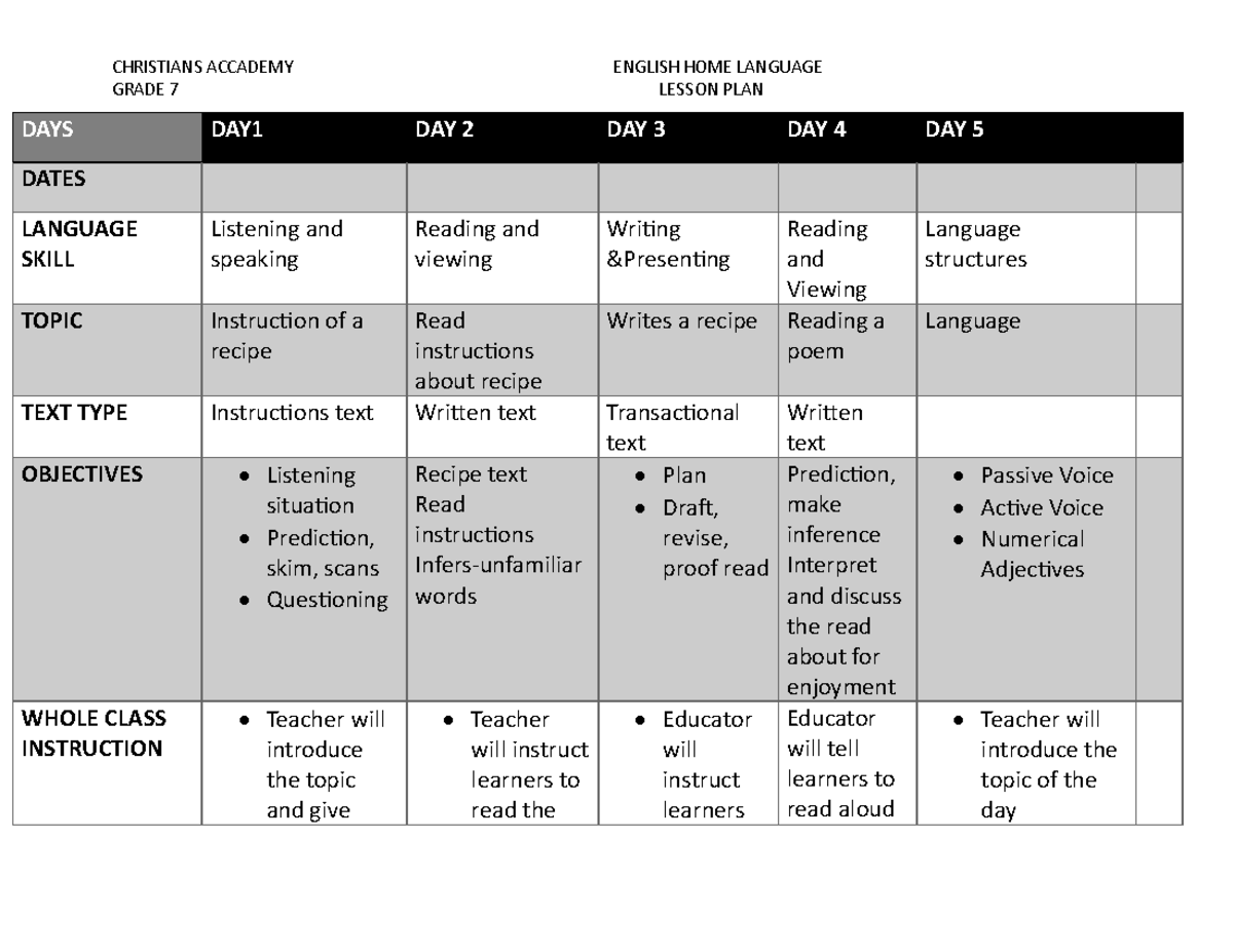 CHRISTIANS ACADEMY GRADE 7 ENGLISH HOME LANGUAGE LESSON PLAN - Studocu
