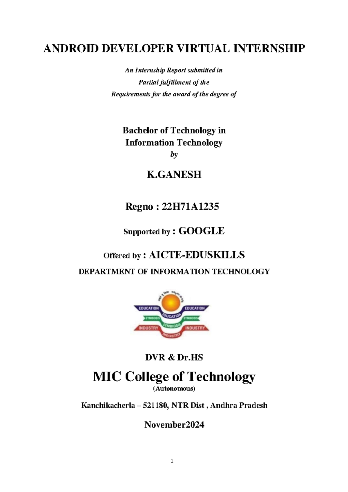 B.Tech Internship Report: Android Developer Experience (22H71A1235 ...