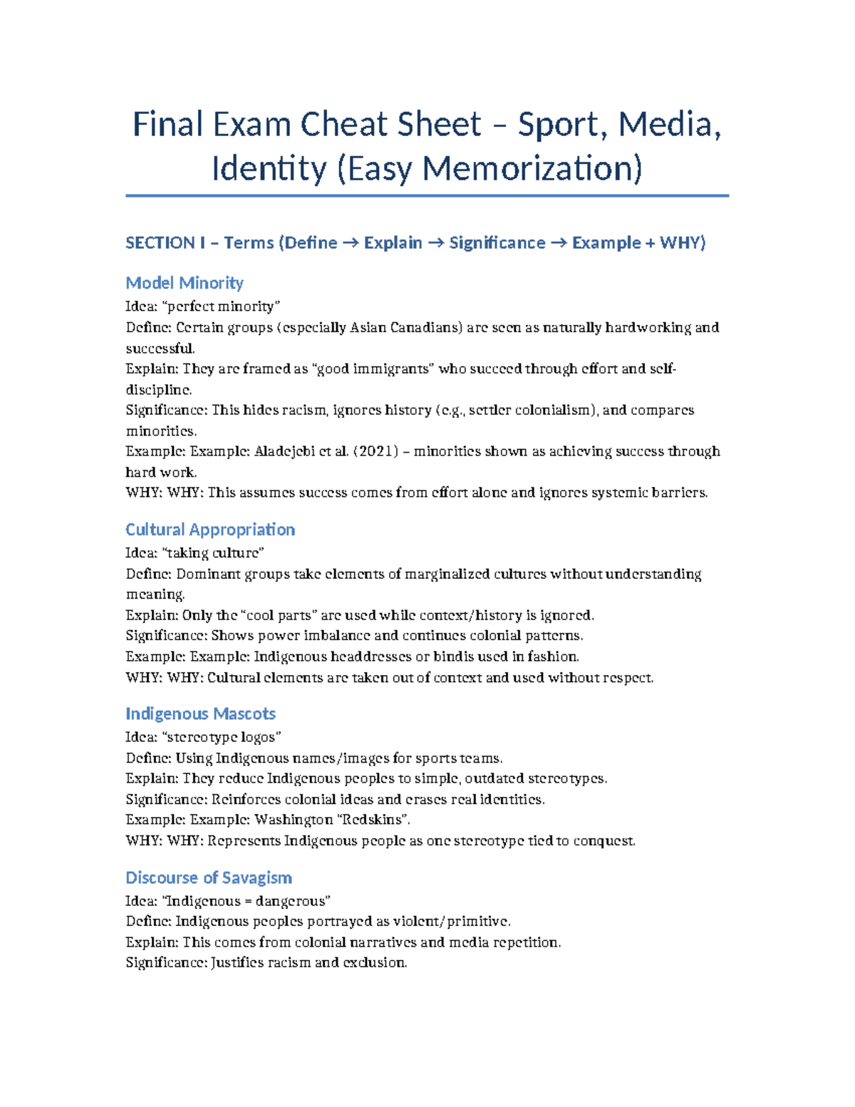 Final Exam Cheat Sheet: Sport, Media, Identity (Key Concepts & Terms ...