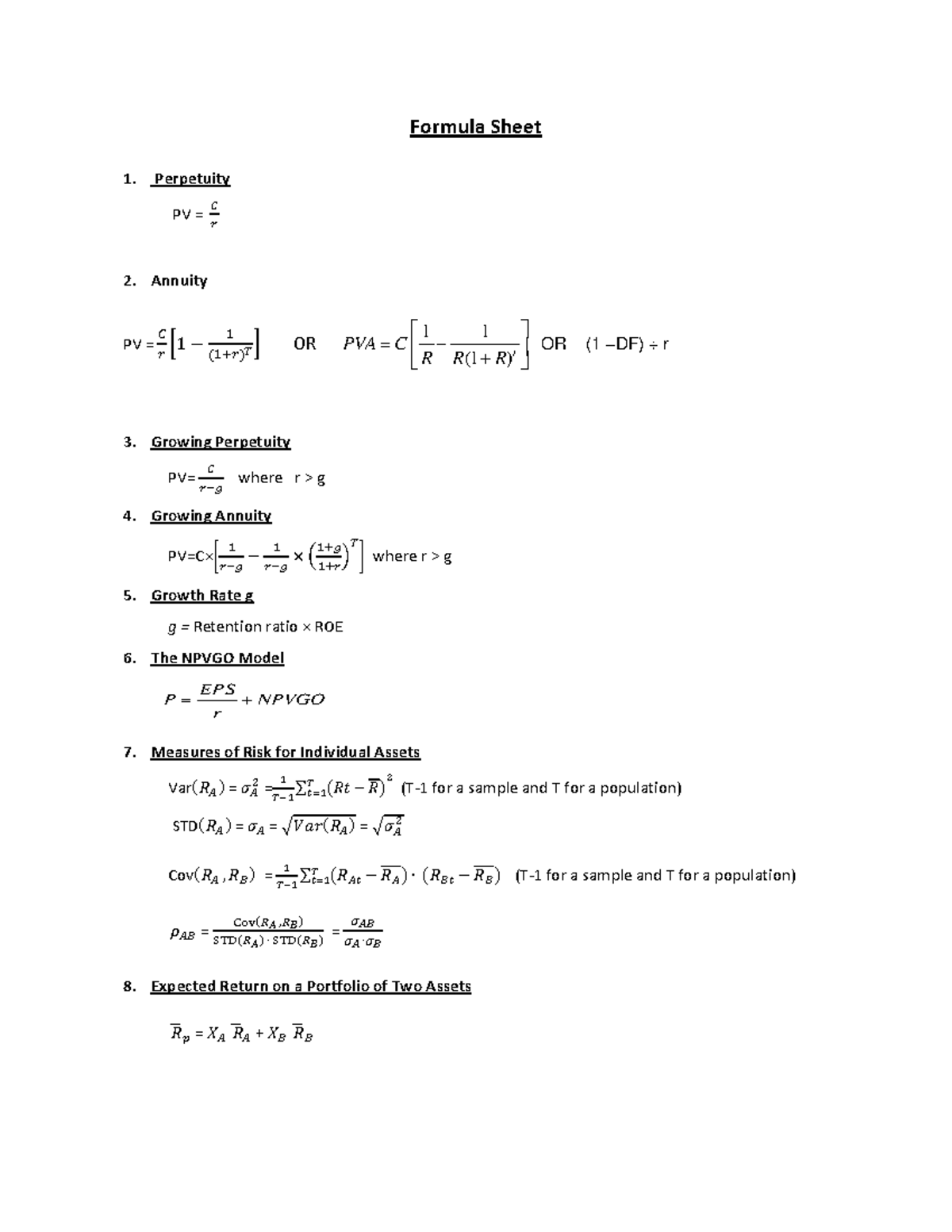 Corporate Finance 660: Detailed Formula Sheet for Key Concepts - Studocu